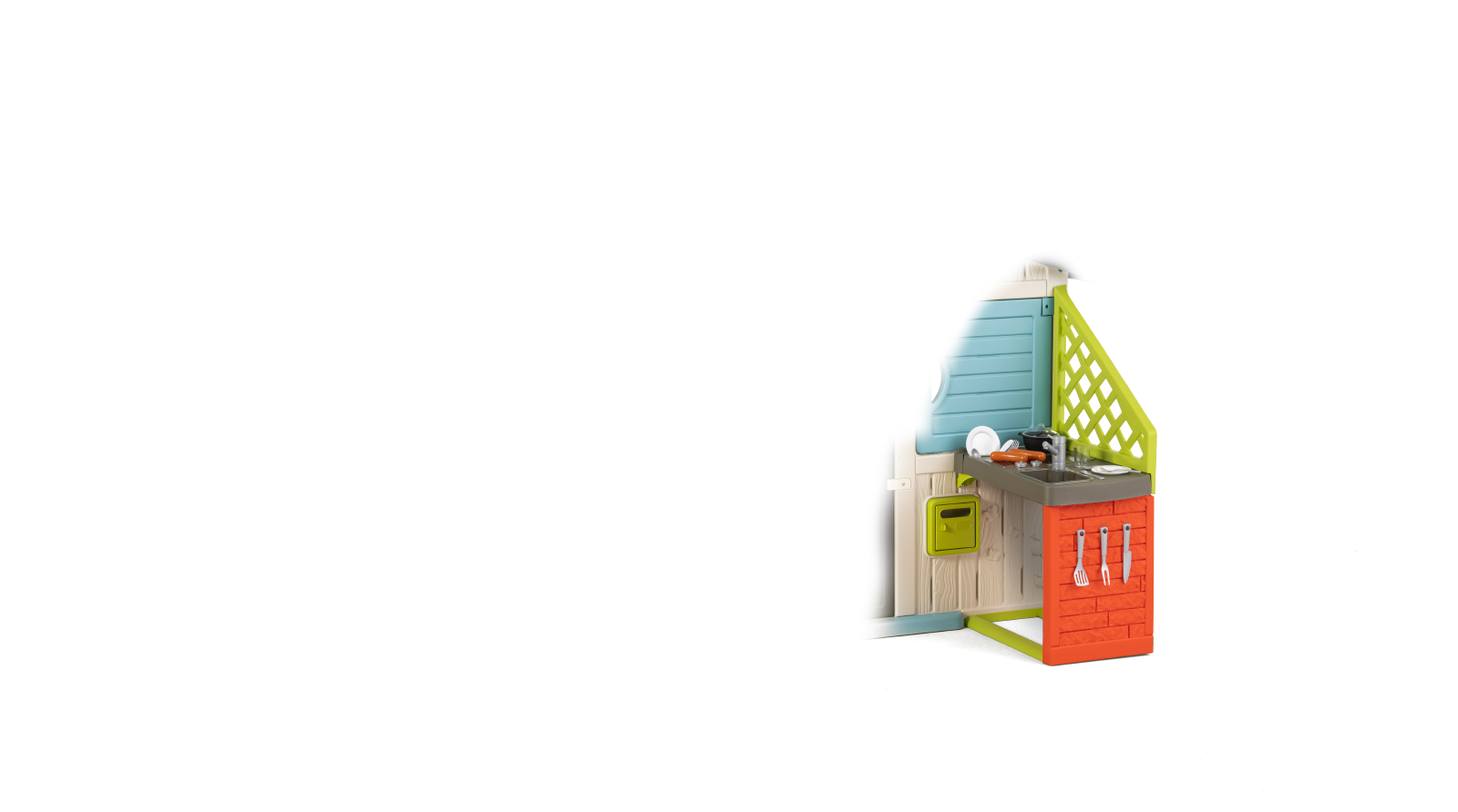 Maison des Amis dans des couleurs élégantes Friends House Evo Playhouse Smoby Porte extensibles à 2 battants avec clé, 6 fenêtres avec filtre UV, hauteur 162 cm.